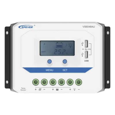 Controlador de Carga Solar PWM / 60A / Auto 12/24/36/48V / Pantalla LCD / USB Dual 5V 2.4A / Tierra Positivo Común