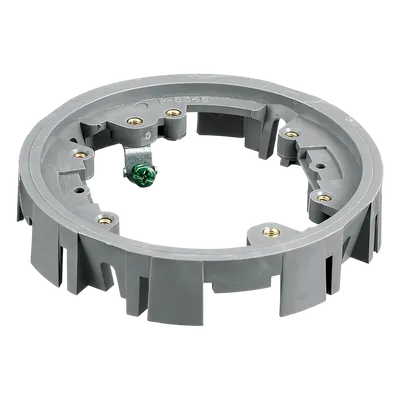 Adaptador para Cajas de Piso de Concreto / Serie PFB Redonda / Material PVC Termoplástico / Montaje con Tornillos / 4 Ganchos Incluidos / Clips Deslizantes / Acepta Tapas Plásticas y Metálicas / Color Gris
