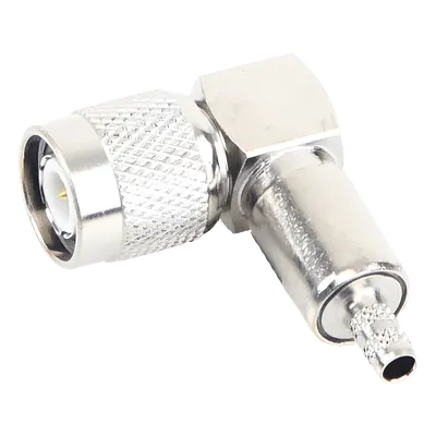 Conector RF TNC Macho / Ángulo Recto / Ensamblaje Anillo Plegable / Bronce Niquelado / Contacto Oro / Dieléctrico Teflón