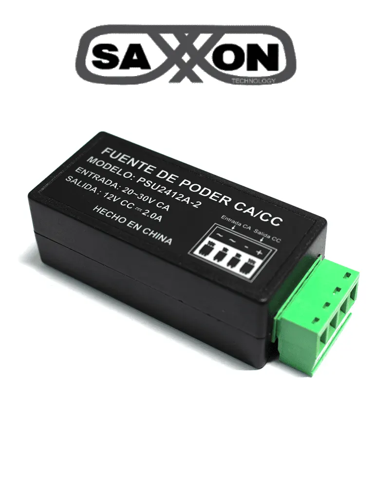 SAXXON PSU2412A2 - Fuente de poder / Convertidor de energia/ Corriente Alterna a Corriente Directa/ Voltaje de entrada 20V CA a 30V CA/ Voltaje de Salida 12V CD/ / 2 Ampere / Recomendable para alimentacion de camaras CCTV a larga distancia