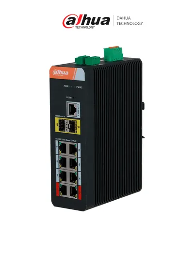 DAHUA IS4210-8GT-120 Switch  PoE  Gigabit Grado industrial de 10 puertos con 8 puertos PoE / PoE Watchdog/ Administrable Capa 2/ 8 Puertos PoE Gigabit/250 m de transmisión PoE de larga distancia (10 Mbps)/ Fuente de alimentación redundante