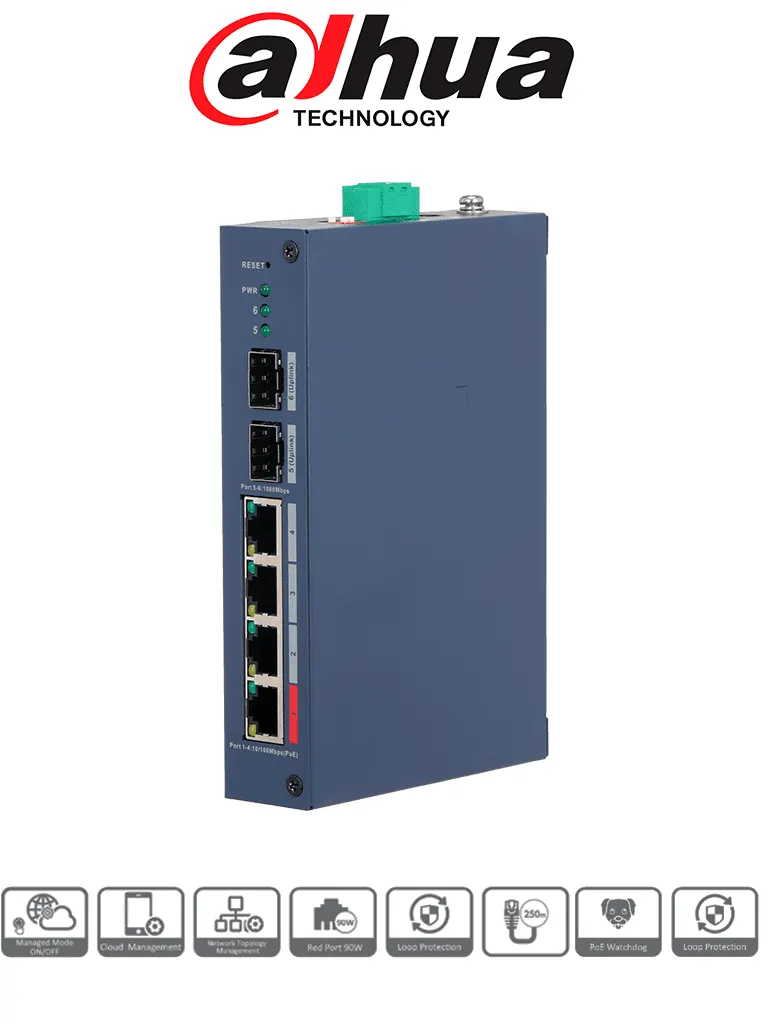 Switch PoE Dahua DH-CHS4206-4ET-90 con uplinks SFP Gigabit