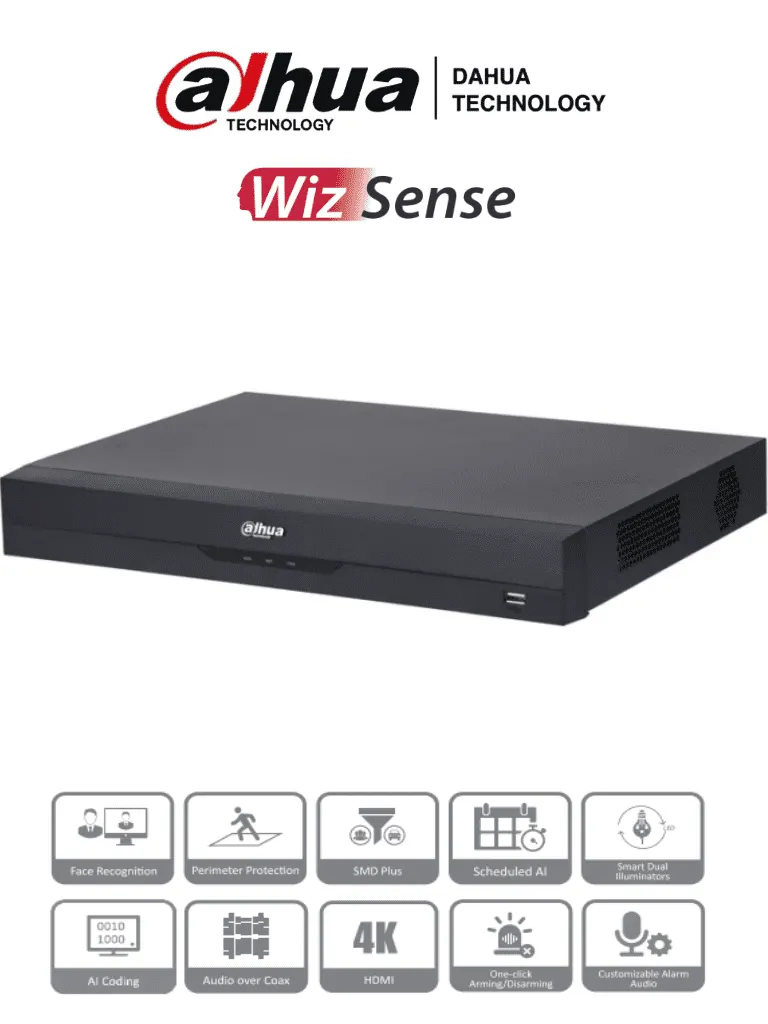 DAHUA XVR5216AN-4KL-I3 - DVR de 16 Canales 4k/ WizSense/ IA/ H.265+/ 2 Bahías de Disco Duro/ 16 Canales + 16 IP (Hasta 32 IP)/ 2 Canales de Reconocimiento Facial/ SMD Plus/ Codificación IA/  Funciones IoT&POS/ Audio Bidireccional
