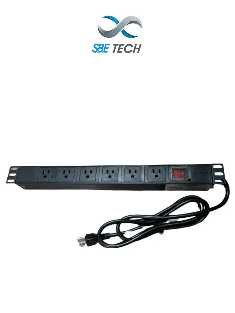 SBE TECH SBE-TC006VSP - Barra de 6 contactos polarizados 5-51R, montaje horizontal 19" y 1U, con clavija de 1.8m y multicontactos