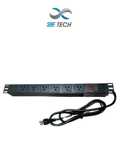 SBE TECH SBE-TC006VSP - Barra de 6 contactos polarizados 5-51R, montaje horizontal 19" y 1U, con clavija de 1.8m y multicontactos