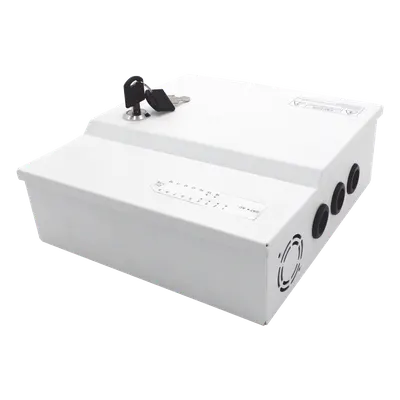 Fuente de poder profesional de 12 Vcc @ 16 A / para 16 cámaras / Con capacidad de batería de respaldo / Requiere batería / Voltaje de entrada de 96-264 Vca 