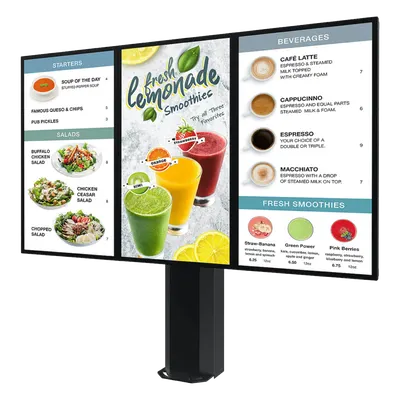 Kiosco digital exterior / 55" / IP65 / UL 48 / Base pedestal 8" / Rotación 30° / 3 pantallas / 1.83 m / Drive-thru