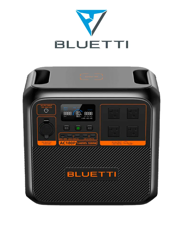 BLUETTI AC180P- Estación de energía portátil / 1800 W - 1440 Wh / Tecnología LiFePo4 / 3500 ciclos / modo Power Lifting / Carga mediante panel solar