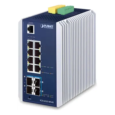 Switch Ethernet Gestionado Capa 3 Industrial DIN-rail / 8 Puertos RJ45 Gigabit / 4 Puertos SFP+ 10G / Temp. -40 a 75°C / Protección ESD 6kV DC / Recuperación ERPS <10ms / 4K VLAN