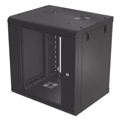 Gabinete de Pared de 12U con Puerta de Cristal Templado, 479.5 mm de Profundidad, Rack de 19'', Acero Reforzado Color Negro.