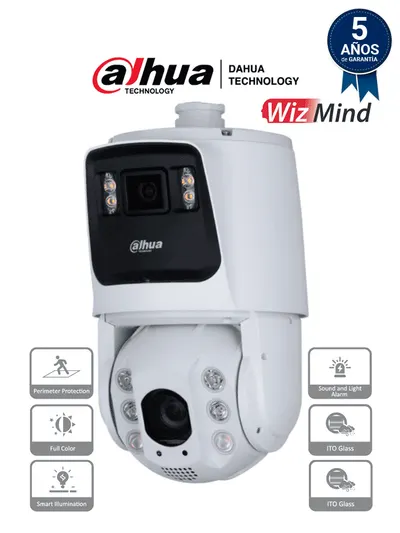 DAHUA DH-SDT7C424-4F - Cámara IP PTZ Dual de 4 MP/ 24x de Zoom óptico / Iluminadores dual 30 m de luz visible y 150 m de IR/ FullColor/ Detección de Rostros /Autotracking /Disuasión activa con luz y sirena/Protección perimetral