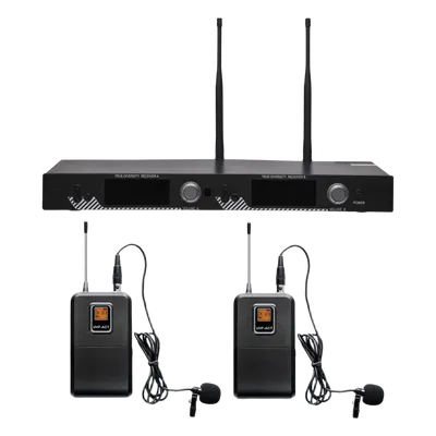 Kit de Micrófonía Inalámbrica UHF / 2 Micrófonos Lavalier / 200 Canales / Alcance 100 m (328 ft) / 15 Horas de Batería / Pantalla LCD