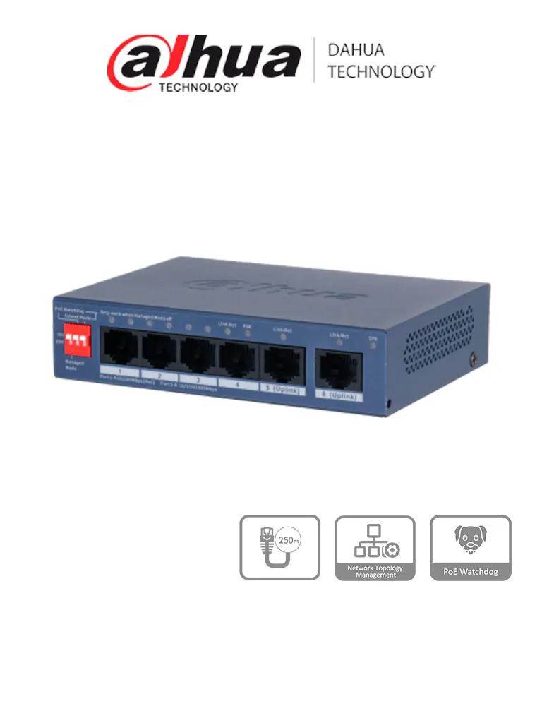 Switch PoE Dahua DH-CS4006-4ET2GT-36 con 4 puertos PoE