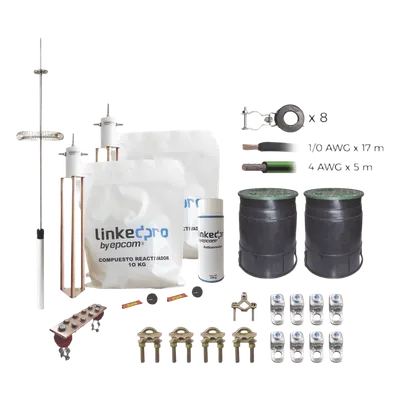 Kit de Protección Contra Rayos / Torre 12 m (39.4 ft) / Electrodo Cobre Delta / Pararrayos Aluminio Ionizado / Cable 1/0 AWG