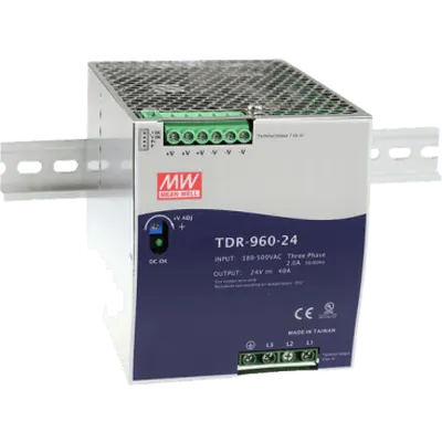 Fuente de Alimentación Industrial Trifásica 960W / Rango de Entrada 340 ~ 550VAC / Ancho 110mm / PFC Activo / Eficiencia 94.5% / Protecciones Completa / Montaje en Riel DIN / Corriente Compartida hasta 3840W