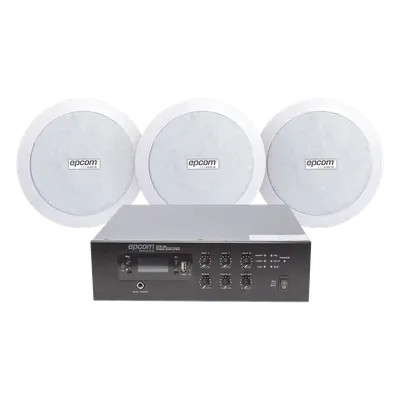 Kit Amplificador 70/100V / 120W RMS / 3 Altavoces de Plafón 5 in / Bluetooth MP3 Tuner USB / Taps 3.75 - 30W