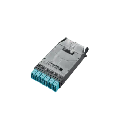 Cassette HD Flex de 12 Fibras Multimodo OM4, de MPO a 6 Conectores y Precargado con 12 Pigtails LC Duplex, Color Aqua