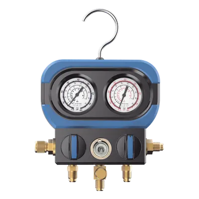 Manifold de 2 Válvulas / Presión Máxima 500 psi / Vacío -30 inHg / Multigas R22, R32/R410A, R404A, R407C / Conexión 5/16" SAE / Resistente a Impactos