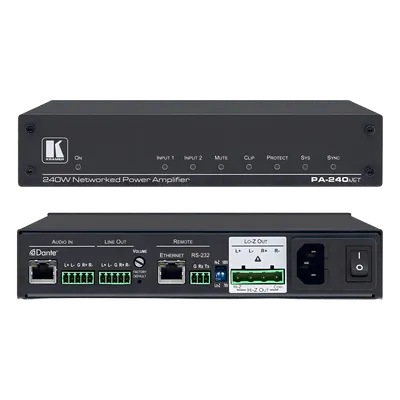 Amplificador de Potencia / 240W / Dante Integrado / Hi-Z 70V/100V y Lo-Z 4Ω/8Ω / DSP 32 bits 96 kHz / Control RS-232 e IP