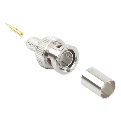 Conector BNC Macho / 75 Ohm / AWG 20 / Anillo Plegable / Níquel y Oro / Delrin