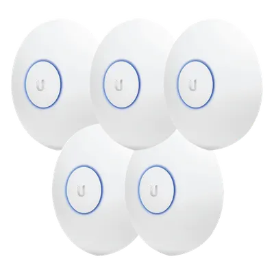Paquete de 5 Access Point UniFi de largo alcance, Doble banda 802.11ac MIMO2X2 para interior, PoE 802.3af, soporta 250 clientes, hasta 867 Mbps, Los equipos no incluyen poe se sugiere comprar aparte el modelo POE-24-12W-G