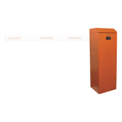 Barrera vehicular izquierda / Soporta brazo de hasta 5.5 m / Final de carrera ajustable por programación / Movimiento fluido / Diseño elegante color naranja
