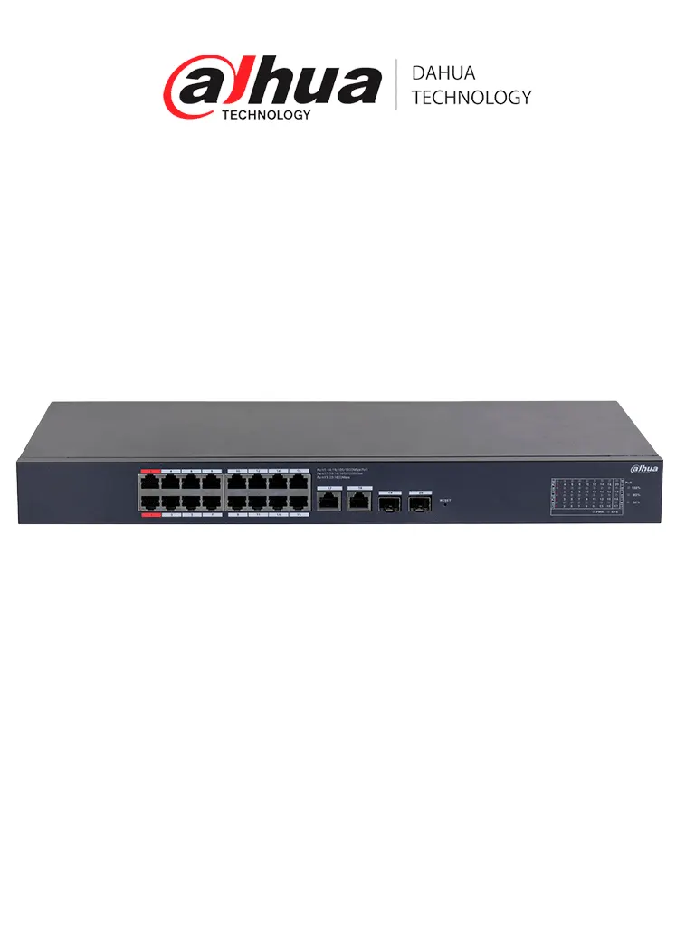 DAHUA DH-CS4220-16GT-190 Switch Poe de 16 Puertos Gigabit con PoE inteligente, puerto rojo de 90W, 190W totales, 2 puertos SFP, PoE Watchdog, switching de 40 Gbps y protección avanzada contra descargas. Plataforma DoLynk Care/