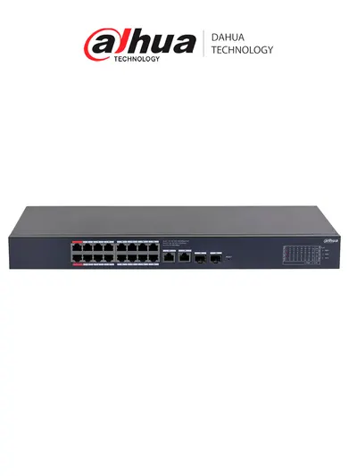 DAHUA DH-CS4220-16GT-190 Switch Poe de 16 Puertos Gigabit con PoE inteligente, puerto rojo de 90W, 190W totales, 2 puertos SFP, PoE Watchdog, switching de 40 Gbps y protección avanzada contra descargas. Plataforma DoLynk Care/