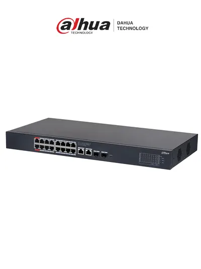 DAHUA DH-CS4220-16GT-135 Switch Poe de 16 Puertos Gigabit/ Poe Inteligente/ Puerto Rojo de 90W/ 135 Watts Totales/ 2 Puertos SFP/Poe Watchdog/ Switching 40 Gbps/ Protección de Descargas/ Plataforma DoLynk Care