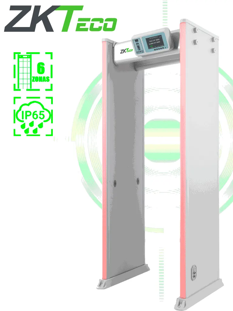 ZKTECO D4330IP65 Arco Detector de Metales con protección IP65 para semi exteriores, con 33 zonas de detección, 300 niveles de sensibilidad, pantalla HD 7", indicadores LED en ambas vistas, control remoto y batería de respaldo incluida.
