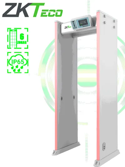 ZKTECO D4330IP65 Arco Detector de Metales con protección IP65 para semi exteriores, con 33 zonas de detección, 300 niveles de sensibilidad, pantalla HD 7", indicadores LED en ambas vistas, control remoto y batería de respaldo incluida.