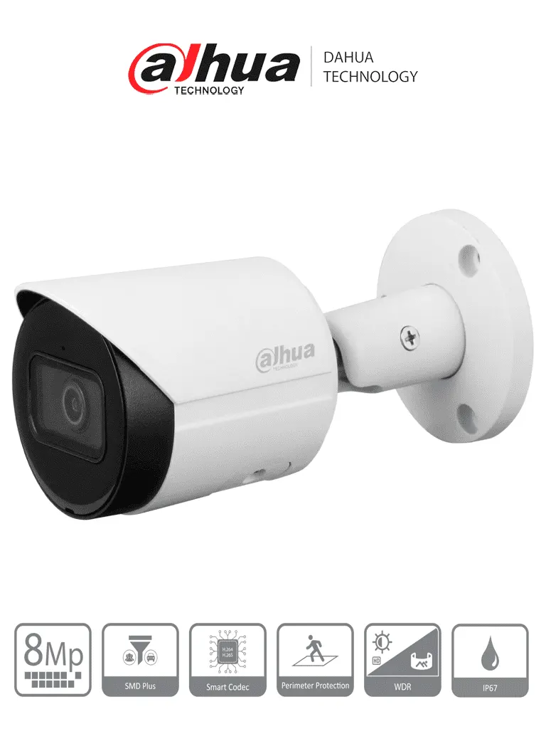 DAHUA DH-IPC-HFW2841S-S - Cámara IP Bullet 4k/ 8 Megapíxeles/ Lente de 2.8 mm/ 105 Grados de Apertura/ H.265+/ IR de 30 Mts/ Metálica/ WDR Real de 120 dB/ IP67/ Video analíticos con IVS/ Ranura para MicroSD/ PoE