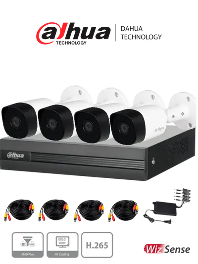 DAHUA KITXVR1B04H-I+4B2A51 -Kit de 4 Ch de 5 MP/ DVR Cooper-I WizSense/Con IA/ H.265+/4 Camaras B2A51 Metalicas/4 Ch + 1 IP o Hasta 5 Ch IP/ 4 Ch SMD Plus/Busqueda de Humanos y Vehiculos/Accesorios Incluidos