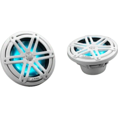 Par de Bocinas Náuticas / 7.7" / Coaxial / 70 W RMS / LED RGB / Rejilla Deportiva Blanca / 4 Ω / Respuesta 45 Hz-25 kHz / Polipropileno Relleno de Mica / Tweeter de Cúpula de Seda