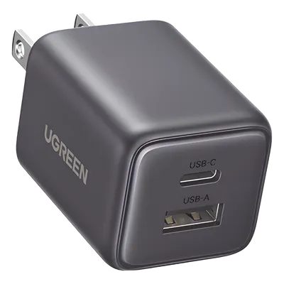 Cargador Rápido GaN / 20 W / Dual Puerto USB-C PD + USB-A QC 3.0 / Ultracompacto 43 x 33.6 x 32 mm