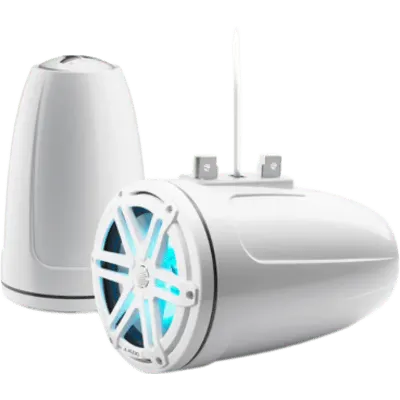Par de Bocinas Cerradas para Torre / Coaxial 7.7" / Cono de Polipropileno Relleno de Mica / Tweeter de Cúpula de Seda 19 mm (0.75 in) / 70 W RMS / 90.5 dB / 55 Hz-25 kHz / 4 Ω / Iluminación LED RGB / Rejilla Deportiva en Blanco