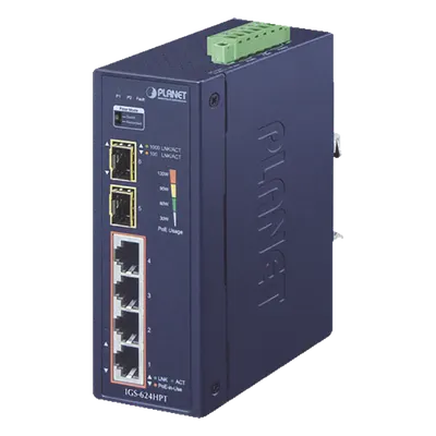 Switch PoE+ industrial PLANET IGS-624HPT con 4 puertos Gigabit