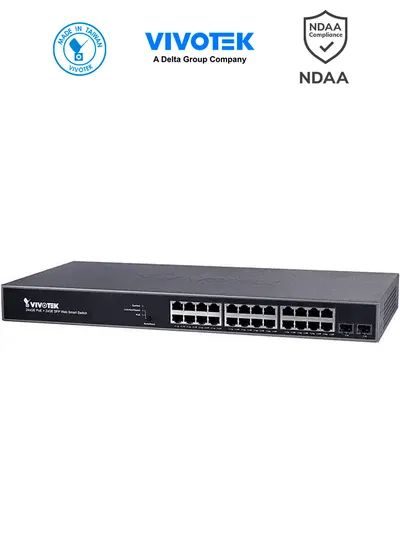 VIVOTEK AW-GEV-267A-370 - VIVOCAM Switch PoE Administrable L2+ con 24 puertos PoE GE RJ45, 2 puertos Combo GE RJ45/SFP, 370W totales (30W por puerto), 52Gbps de velocidad y gestión de vigilancia IP.