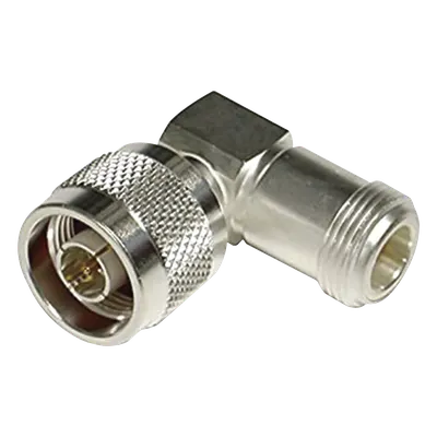 Adaptador en Ángulo Recto / N Macho a N Hembra / Cuerpo Bronce Plateado / Contacto Oro / Aislante Teflón