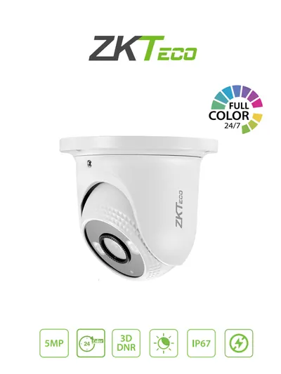 ZKTECO ES855P11CS7CMI- Cámara IP Domo Full Color 5 Megapíxeles /  Compresión H.265 / Lente 2.8 mm / Alcance IR 20mts / Detección Facial / Micrófono Integrado / ONVIF Profile SCarcasa metálica / PoE /  IP67 / P2P