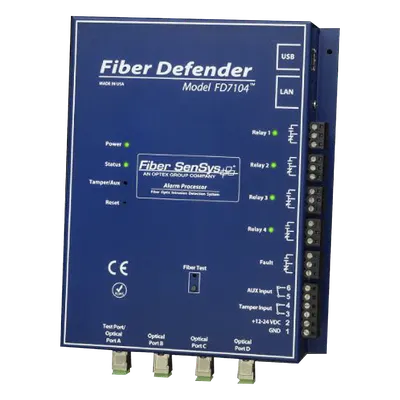 Sensor de Seguridad Perimetral por Fibra Óptica / 4 zonas independientes / 800 m (2,625 pies) máximo por zona / IP66 / Sin componentes activos en campo