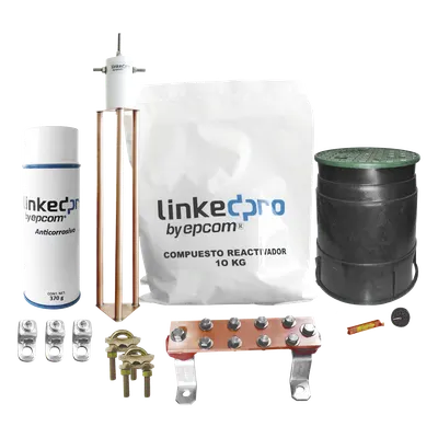 Kit Puesta a Tierra 30A / Electrodo Cobre Electrolítico / Diseño Delta / Filtro Equipotencial / Compuesto 12 kg / Barra Unión + Conectores + Registro