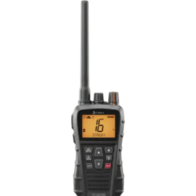 Cobra BlueBound 350 Color Negro / Radio VHF Marina Portátil Flotante / 215 Canales / Espaciado 25 kHz / IPX7 Sumergible / Potencia 1-3-6 W / NOAA / Tri-Watch / Batería Litio Recargable / USB-C / Cargador Dock