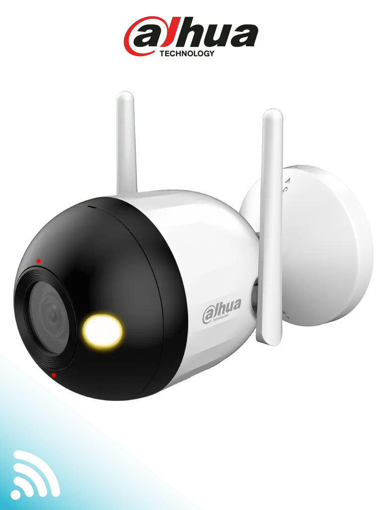 DAHUA F2CN-PV - Cámara IP Bullet WiFi de 2 MP/ lente de 2.8 mm. Cuenta con Full Color + iluminación dual inteligente, disuasión activa, audio bidireccional, micrófono y altavoz integrados, 30 m, funciones de IA y resistencia IP67.