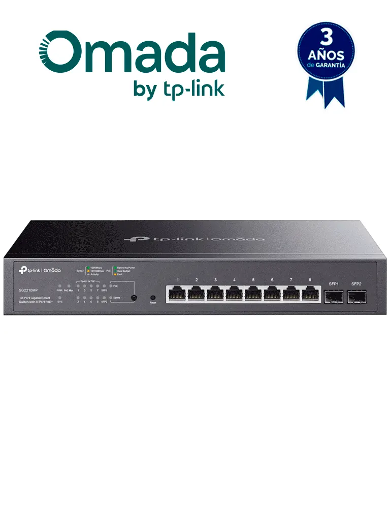 TP-LINK SG2210MP - Switch JetStream SDN administrable con 8 puertos 10/100/1000 Mbps y 2 puertos SFP, equipado con 8 puertos PoE y un presupuesto total de 150W. Permite administración centralizada a través de OMADA SDN."
