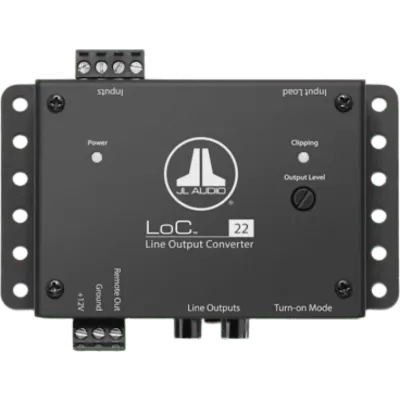 Convertidor de Salida de Línea de Vehículo JL Audio LoC-22 / 2 Canales de Entrada / 2 Canales de Salida / Alimentación 9-16 V CC / Salida Máxima 8 V RMS / Relación S/N 118 dB / Respuesta de Frecuencia 3 Hz-32 kHz / Fusib