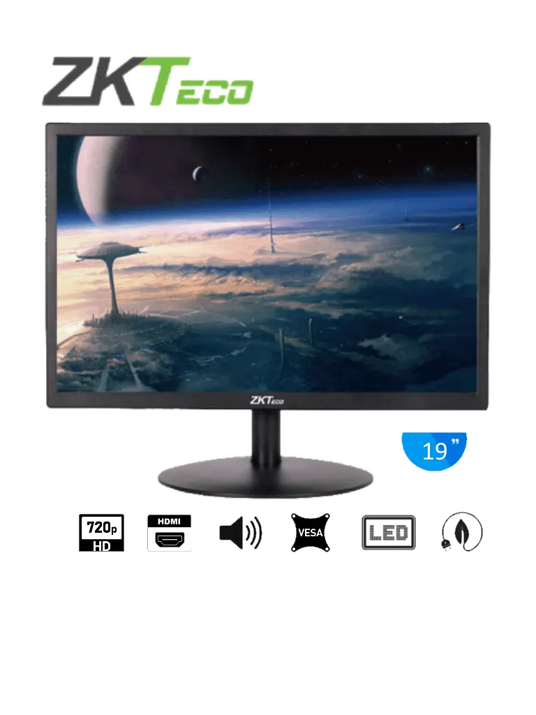 ZKTECO ZD192K - Monitor LED HD de 19 pulgadas / Resolución 1440 x 900 / 1 Entrada de video HDMI y 1 VGA / Ángulo de Visión Horizontal 170° /  Soporte VESA / Operación 24/7 / Incluye Cable HDMI