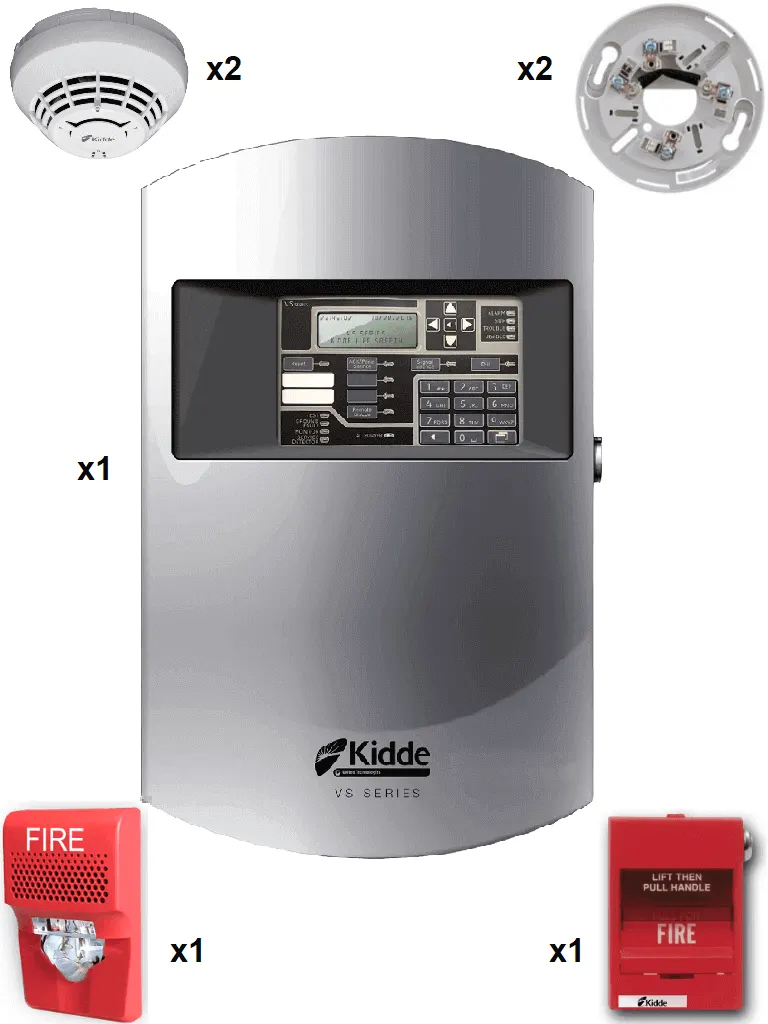 Panel de Incendio Inteligente KIDDE VS1GSP-KIT2 con Detectores de Humo y Sirena