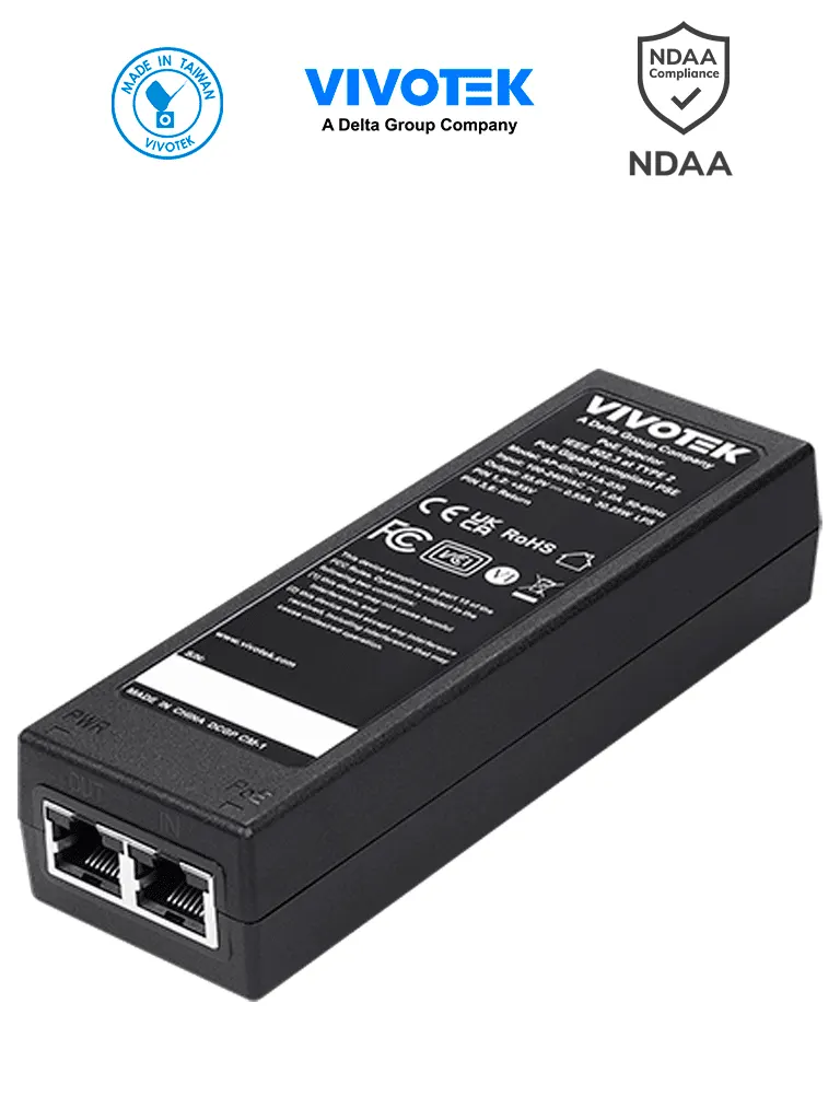 VIVOTEK AP-GIC-011A-030 - Inyector PoE Gigabit, 30W, 1 puerto, 802.3af/at, NDAA, 55VDC/0.55A,  Proteccion 6KV