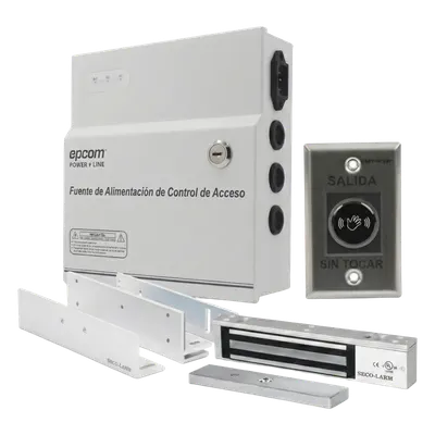Kit de Control de Acceso / Fuente 12 VCD 5A / Chapa Magnética 600 lbs / Botón Sin Contacto / Montajes L y Z / Batería de Respaldo Opcional